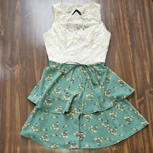 Teeze Me White Lace and Green Floral Dress